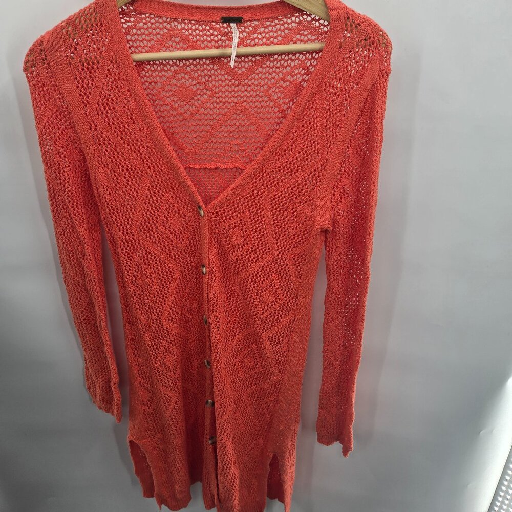 Free People Orange Open Knit Button Cotton/Nylon Long Line Cardigan Small